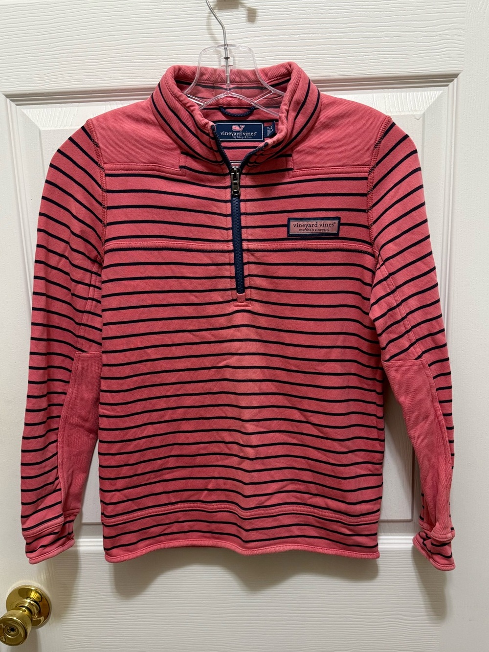 Vineyard Vines Boys Salmon Color/Pink Striped Quarter-Zip Sweater. Size Small